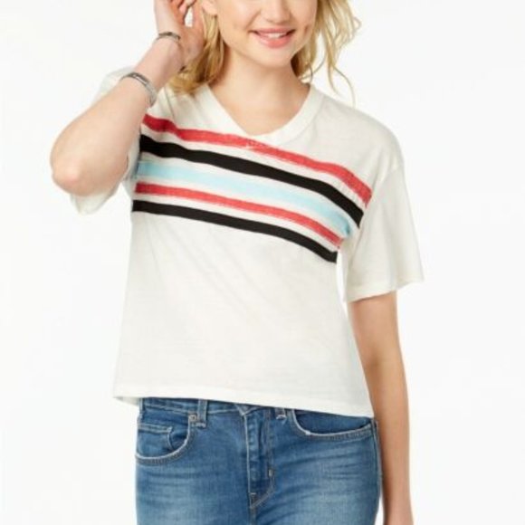 Ultra Flirt Tops - Ultra Flirt Top Juniors Striped Football T-Shirt White V-Neck Womens Size L